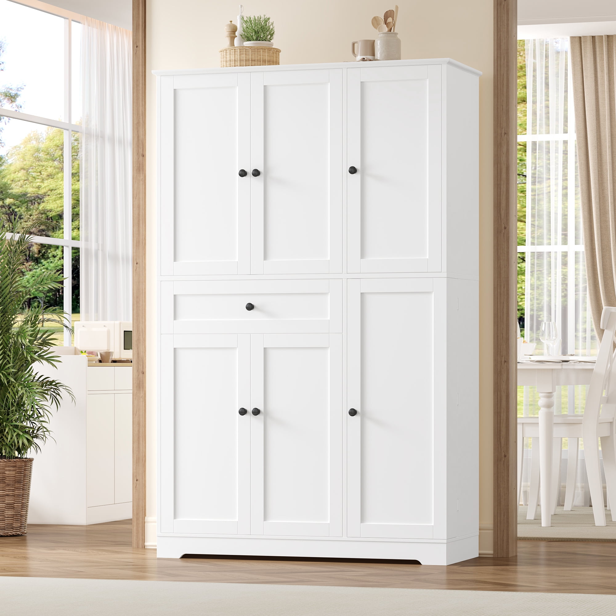 Homfa Kitchen Pantry Storage Cabinet, 68" Food Pantry Cabinet with Drawer and Door Shelf, 6 Door Freestanding Cupboard Buffet for Dining Room, White