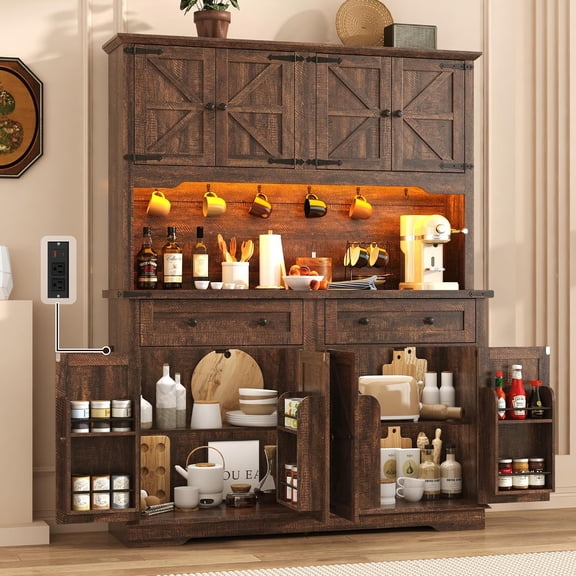 ANPOO 71" Tall Farmhouse Kitchen Pantry Cabinet with LED Light, Power Outlet & 8 Doors with Door-mounted Storage, Large Freestanding Storage Hutch with Open Countertop for Dining Room, Living Room