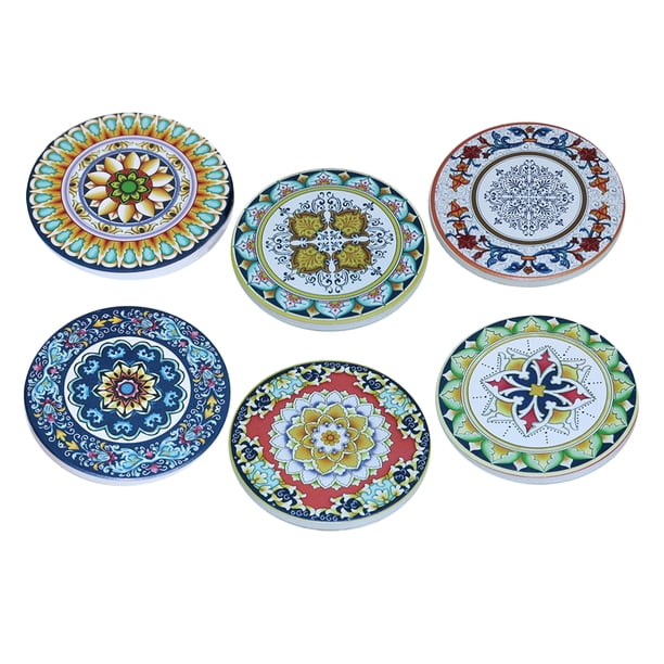 Posavasos redondos de cerámica con diseño de mandala y portavasos de metal para celebrar la inauguración de la casa. estilo 6