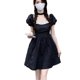 thumbnail image 1 of Mini vestido fruncido de manga corta abombada, vestido de línea A sin espalda, vestido con lazo en la espalda de poliéster, vestido de una pieza para fiesta y viaje, 1 of 8