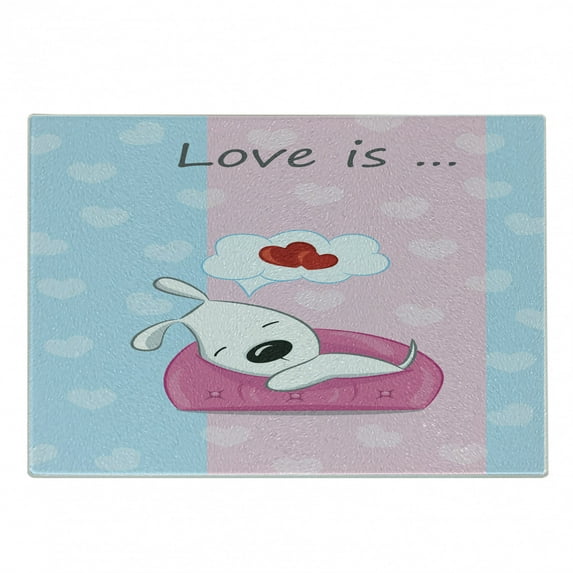 Dog Cutting Board, Puppy Dreaming on the Sofa Heart Background Valentine Theme Art, Decorative Tempered Glass Cutting and Serving Board, Small Size, Blue Pink White, by Ambesonne