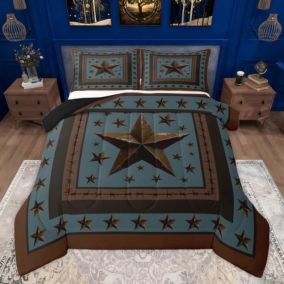 Homewish Steel Blue Texas Stars Bedding Comforter Set, Bohemian Western Fashion Twin Comforter Sets, Rustic Farmhouse Reversible Bedding Set, Super Cozy Room Decor, 2pcs
