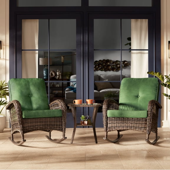 Teal Island Designs Madden 3-Piece Rattan Outdoor Green Rocking Chair Set With Occasional Table