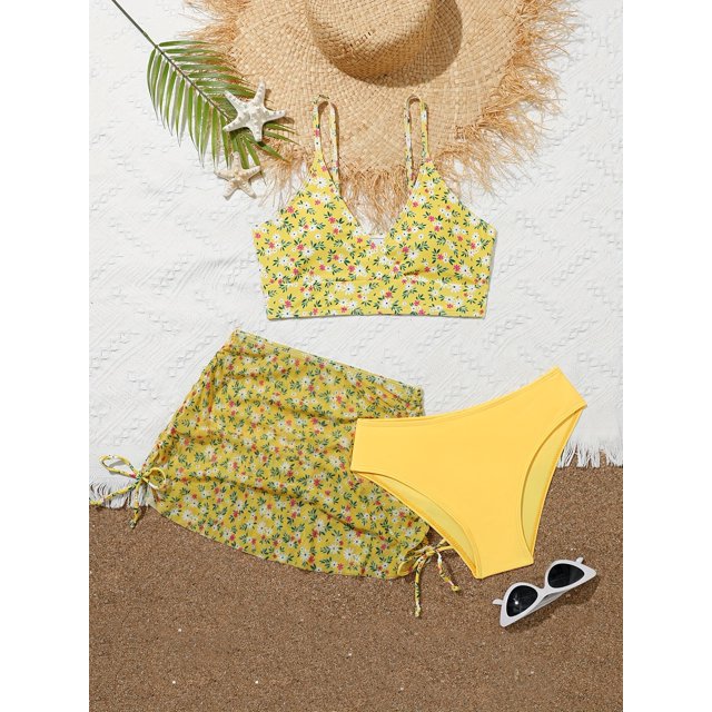 Yellow Floral 3PCS Swimming Suits For Girls, Flowers Print Bikini Top + Solid Brief + Ruched Cover-up Skirt Set For Pool Beach Holidays Summer Gift