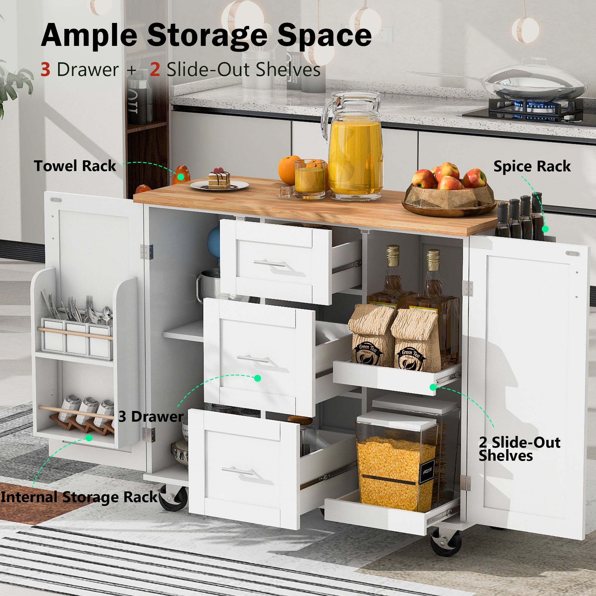 Aukfa Rolling Kitchen Island with Storage, Kitchen Cart W/3 Drawer & 2 Slide-Out Shelf,White