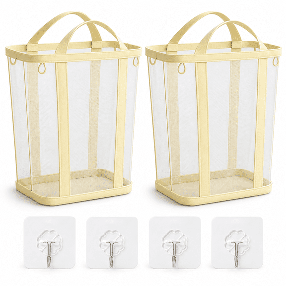 VEGCOO 2Pack Large Collapsible Laundry Basket, Mesh Laundry Hamper with Handles & Hooks, Breathable Folding Beach Bag, Foldable Dirty Clothes Hamper for Dorm, Bedroom, Beige