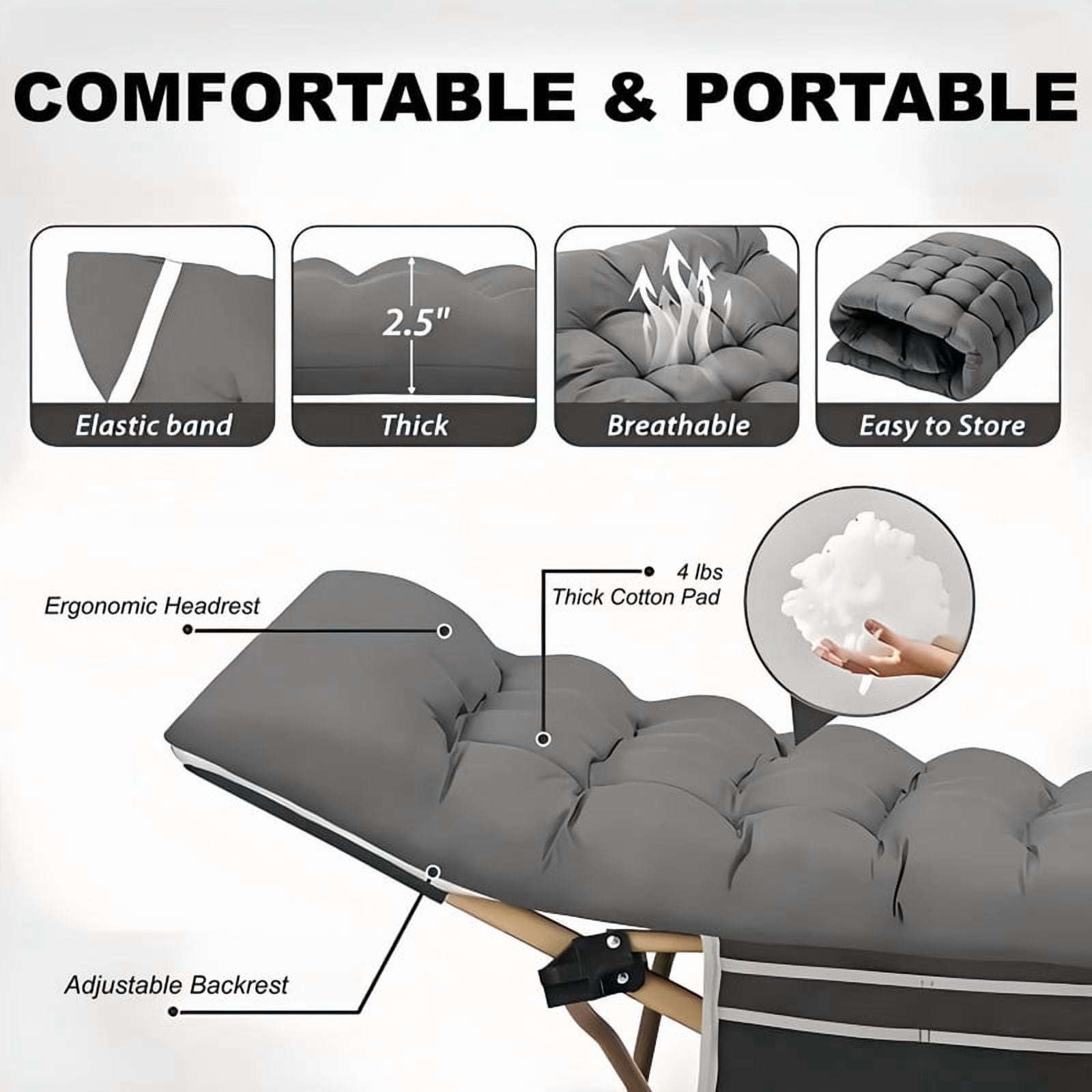 Heavy-Duty Folding Bed Frame with Adjustable Backrest, Portable Camping Cot, Indoor/Outdoor Daybed with Removable Pad