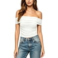 thumbnail image 5 of Favoffer Womens Off Shoulder Tees Irregular Hem Short Sleeve Slim Fitted Casual Tops Fashion Blouses For Street Dating Party Vacation Daily, 5 of 6