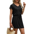 thumbnail image 4 of Vestido OFEEFAN de verano con cuello en V, casual, con bolsillos, talla XL, negro, 4 of 5