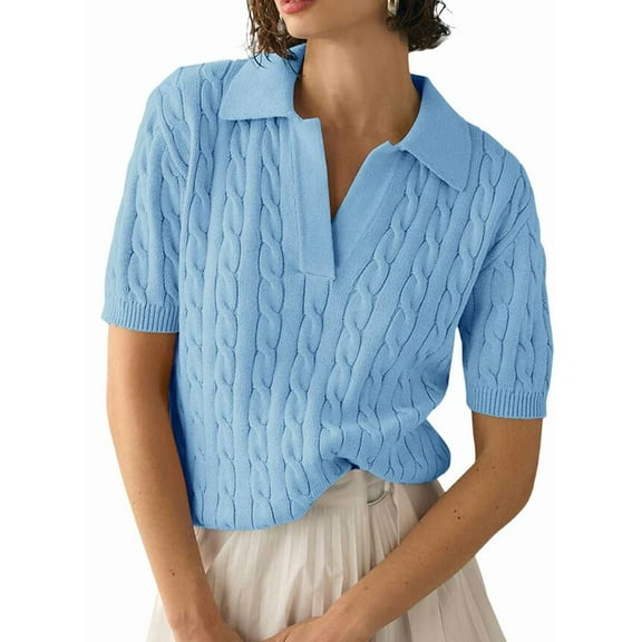 Women Short Sleeve Sweater Pullover Tops V Neck Knit Casual Soft Pullover Shirt