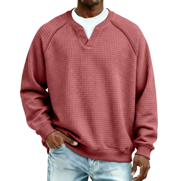 Men's Classic Waffle Knit Medium Weight Pullover Long Sleeve Tee Shirts Top