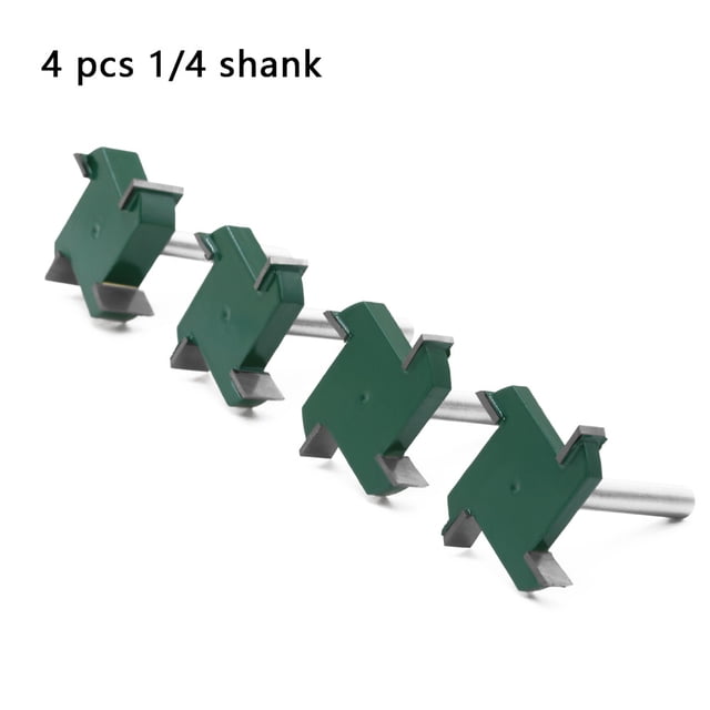 Industrial-Grade 4-Piece T-Shape Woodworking Slotting Knives Set with 4 Flutes, 1/4 Inch Shank, and 6 Handle Options - Green Finish for Precision Cutting in Multiple Bed Type Applications