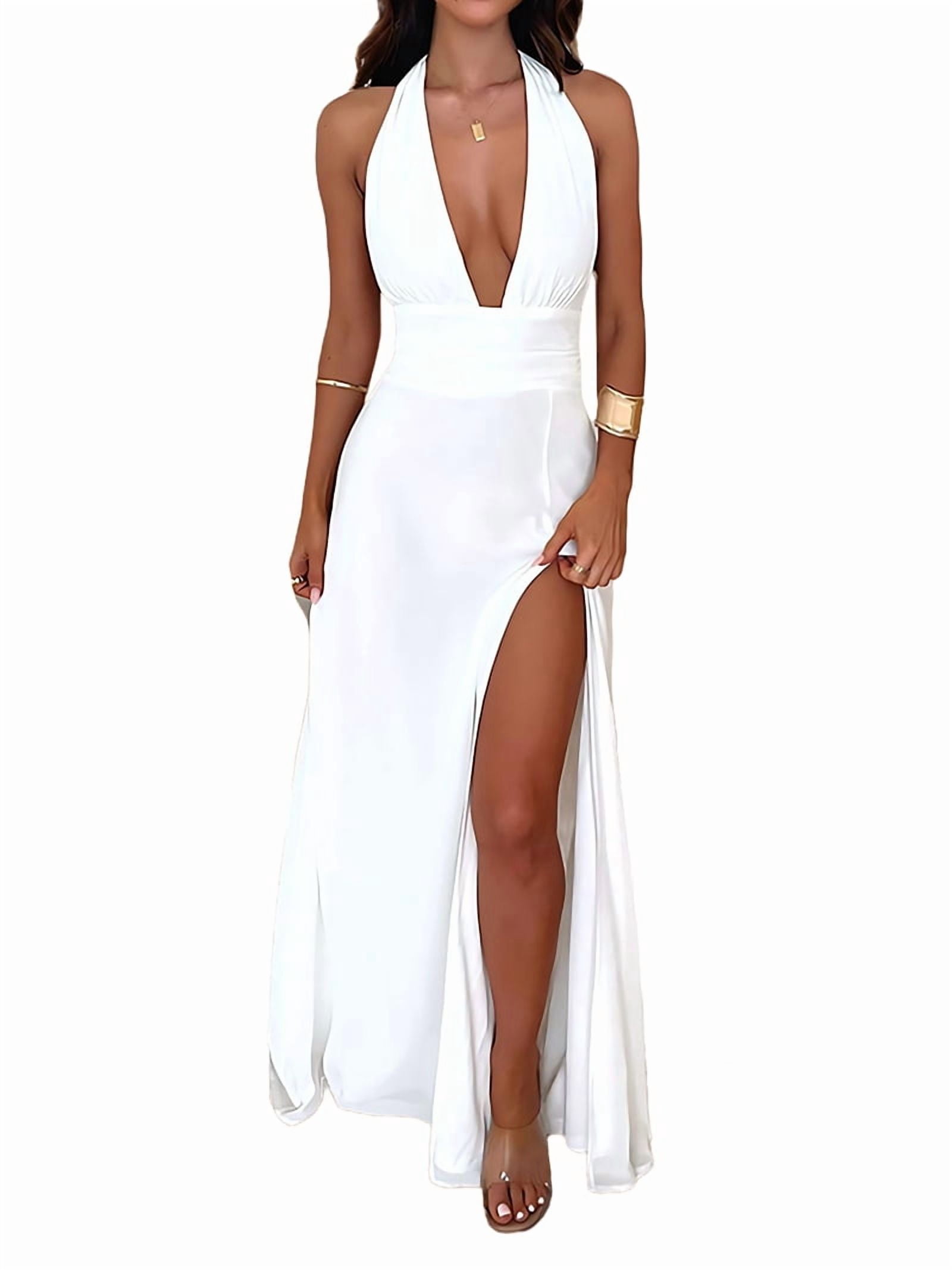 Womens Halter Deep V Neck Maxi Dress Sleeveless Backless Split Long Dress White L