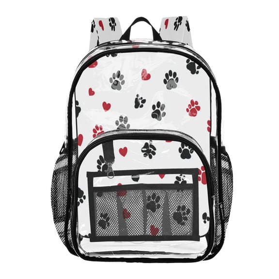 PVC Transparent Backpacks Clear Backpack for Travel and Outings Black Paws and Hearts Pattern