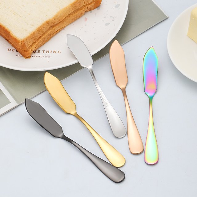 Juego de 5 cuchillos de mantequilla para esparcir queso de acero inoxidable, para desayuno, sándwiches, mermelada, postre, crema, arco iris, negro, dorado, oro rosa, plateado ER