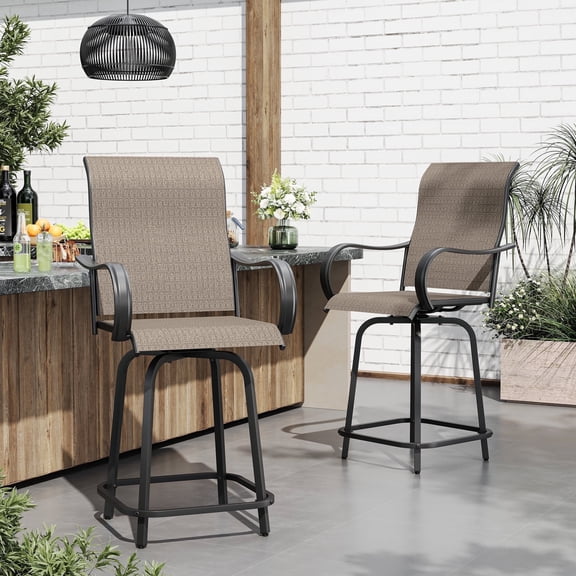 MRUAKA Patio Swivel Bar Stools Chair of 2, All Weather High Back and Armrest Patio Stools & Bar Chairs for Backyard, Lawn Garden, Balcony , Brown
