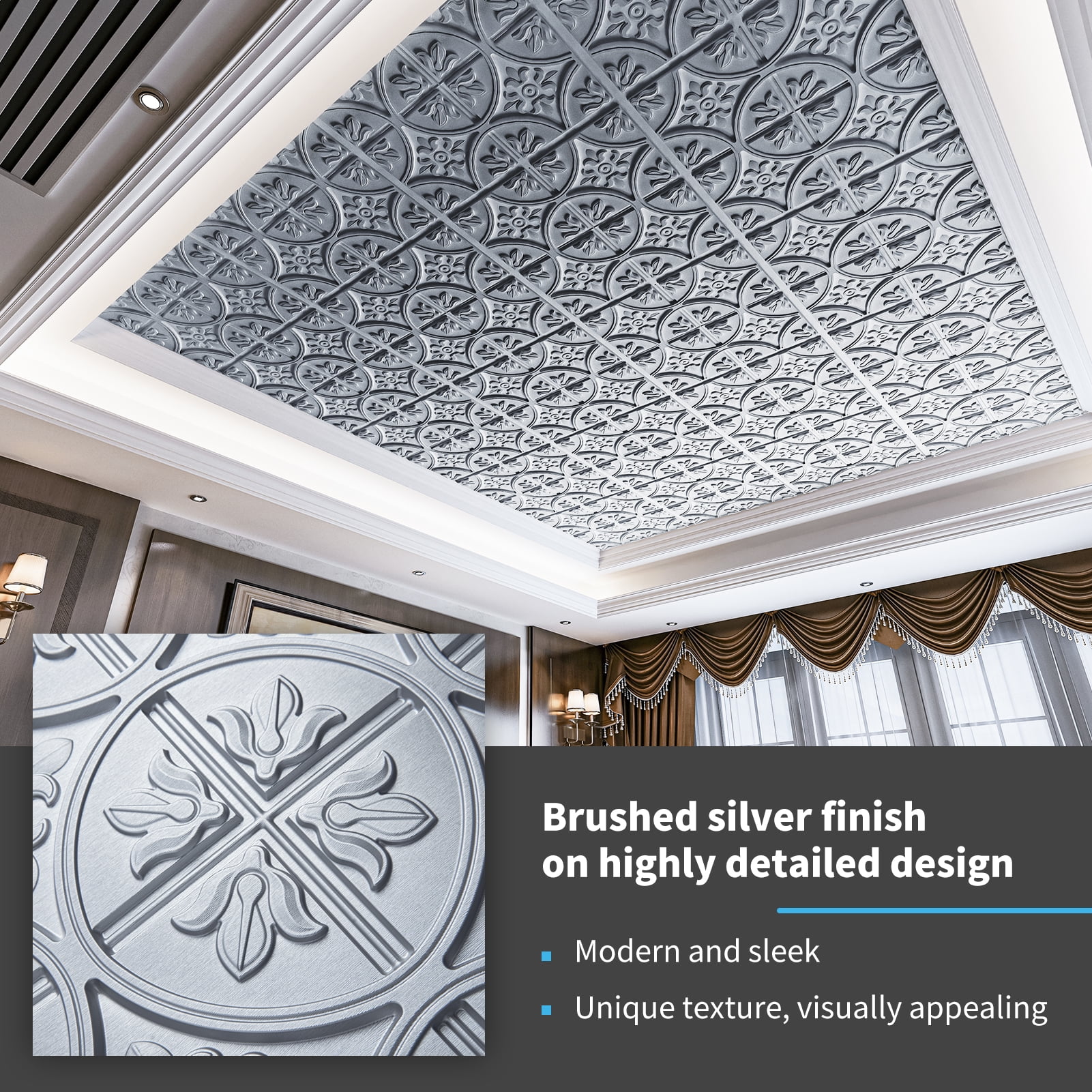 Art3d 12-Piece 24x24 inch PVC Ceiling Tiles, Fancy Classic Style in Argent Silver