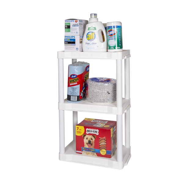 Plano 20"W x 12"D x 32"H 3Shelf HD Plastic Shelving Unit, White, 150