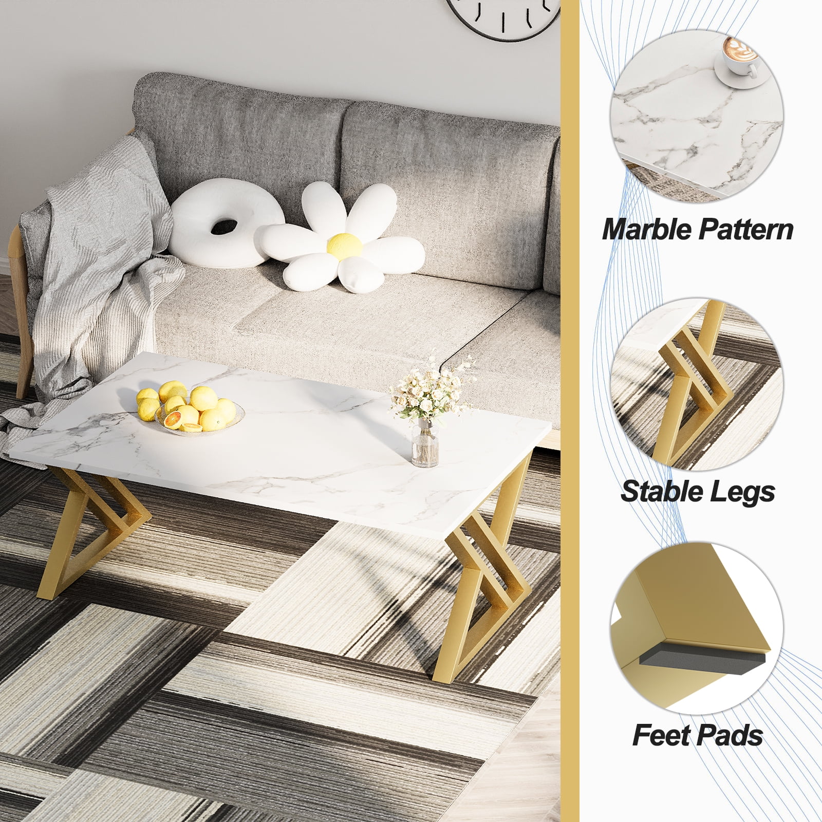 Coffee Table Living Room Table White Center Table, Simple Modern Faux Marble Rectangular Tea Table with Sturdy Gold-Finished Metal Frame,Industrial Wooden Coffee Table for Bedroom Home Office