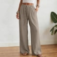 thumbnail image 2 of NIEWTR Linen Wide Leg Pants Woman High Waisted Pull On Button Drawstring Baggy Casual Summer Palazzo Pants with Pockets（Khaki,S), 2 of 9