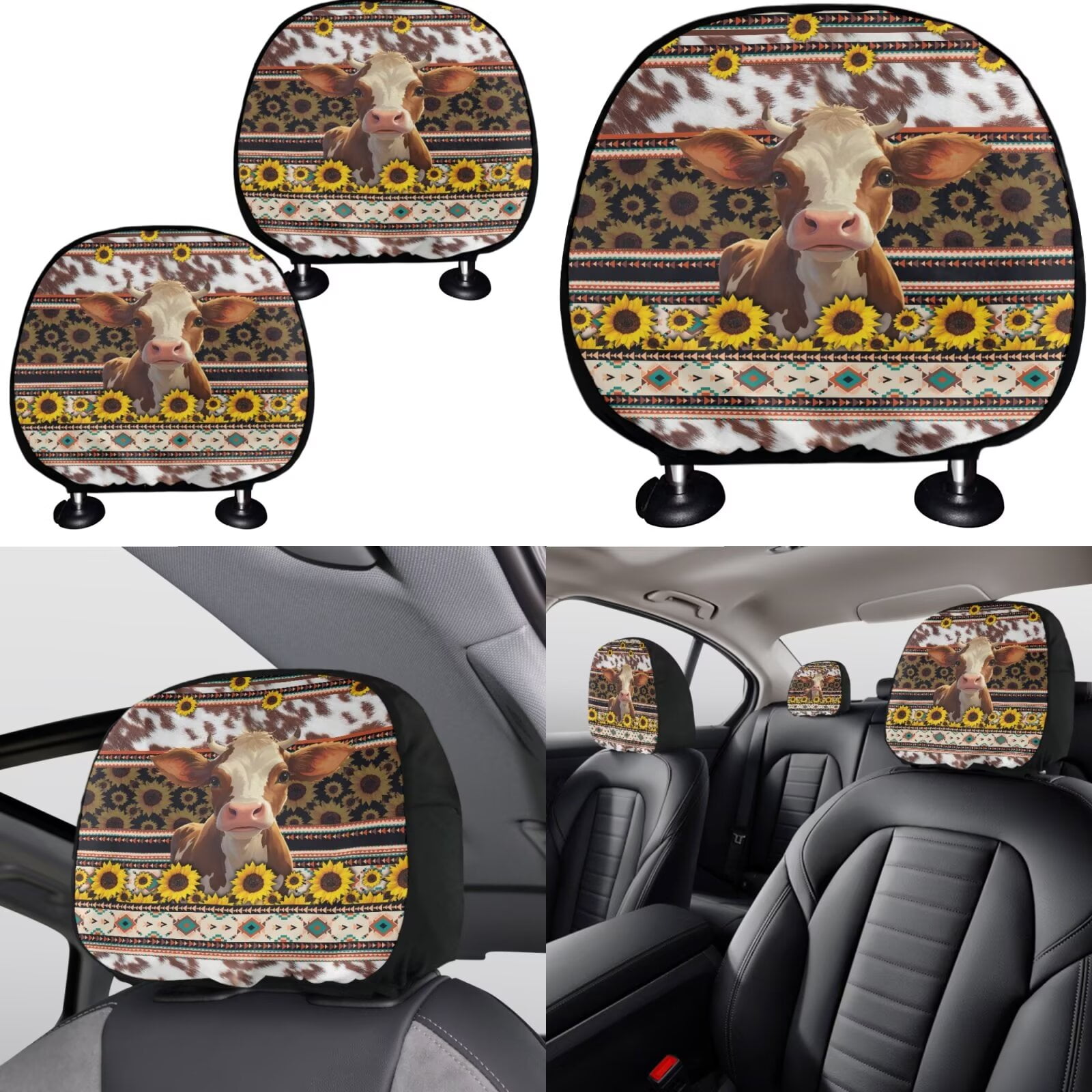 Garronmavis Aztec Highland Cow Car Seat Covers Full Set soft with Cars Headrest Protectors+Lanyards Key Ring+Auto Cup Coaster+Handbrake Gear+Shift Knob Cover Car Interior Accessories