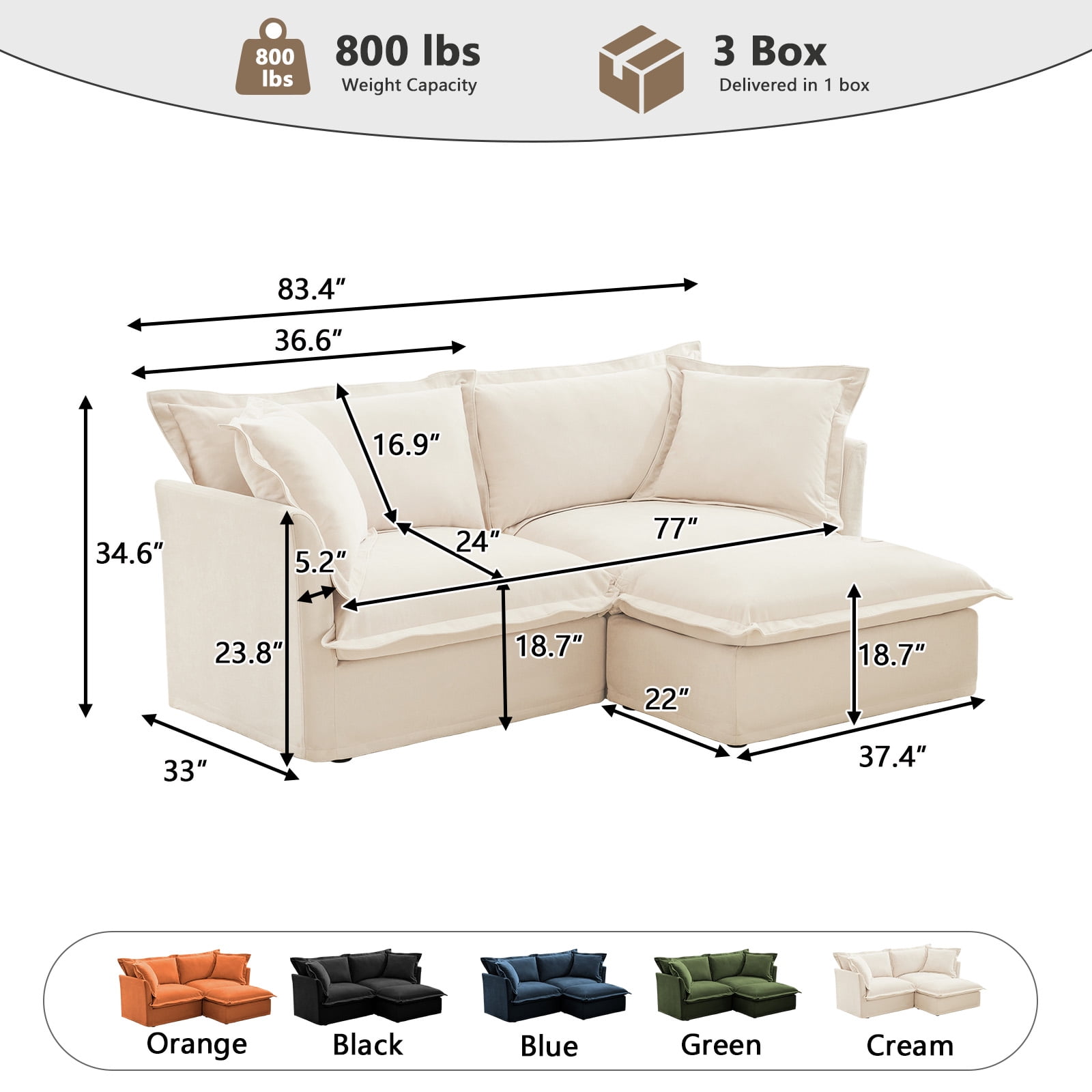 83.4" W Oversized Chenille Loveseat with Ottoman, 77" Wide Deep Seat Upholstered Sofa Couch with Washable Covers for Living Room or Small Apartment,Cream