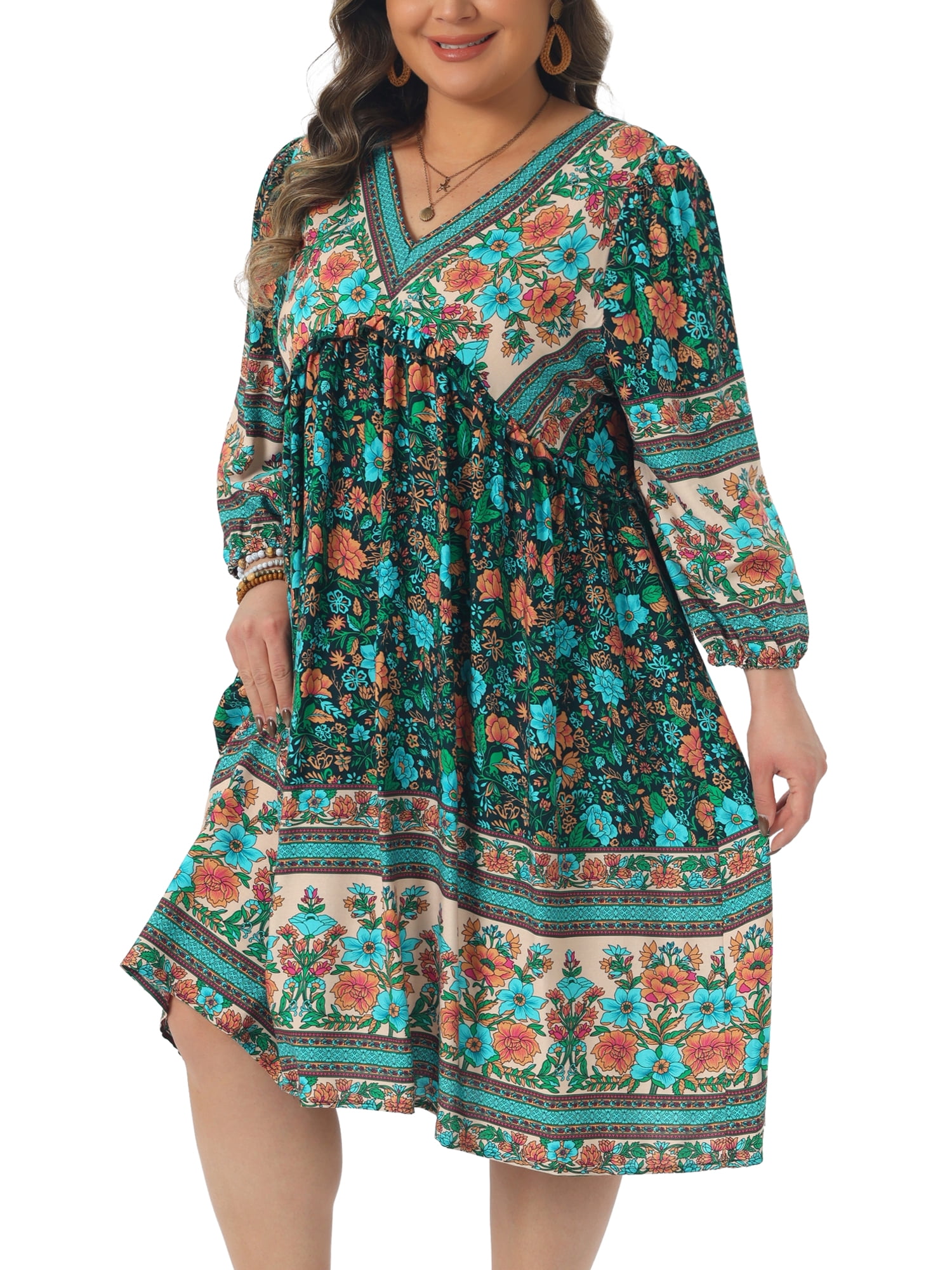 DARING DIVA Women's Plus Size Casual Boho Floral V Neck 3/4 Sleeve Dress 2X Dark Green