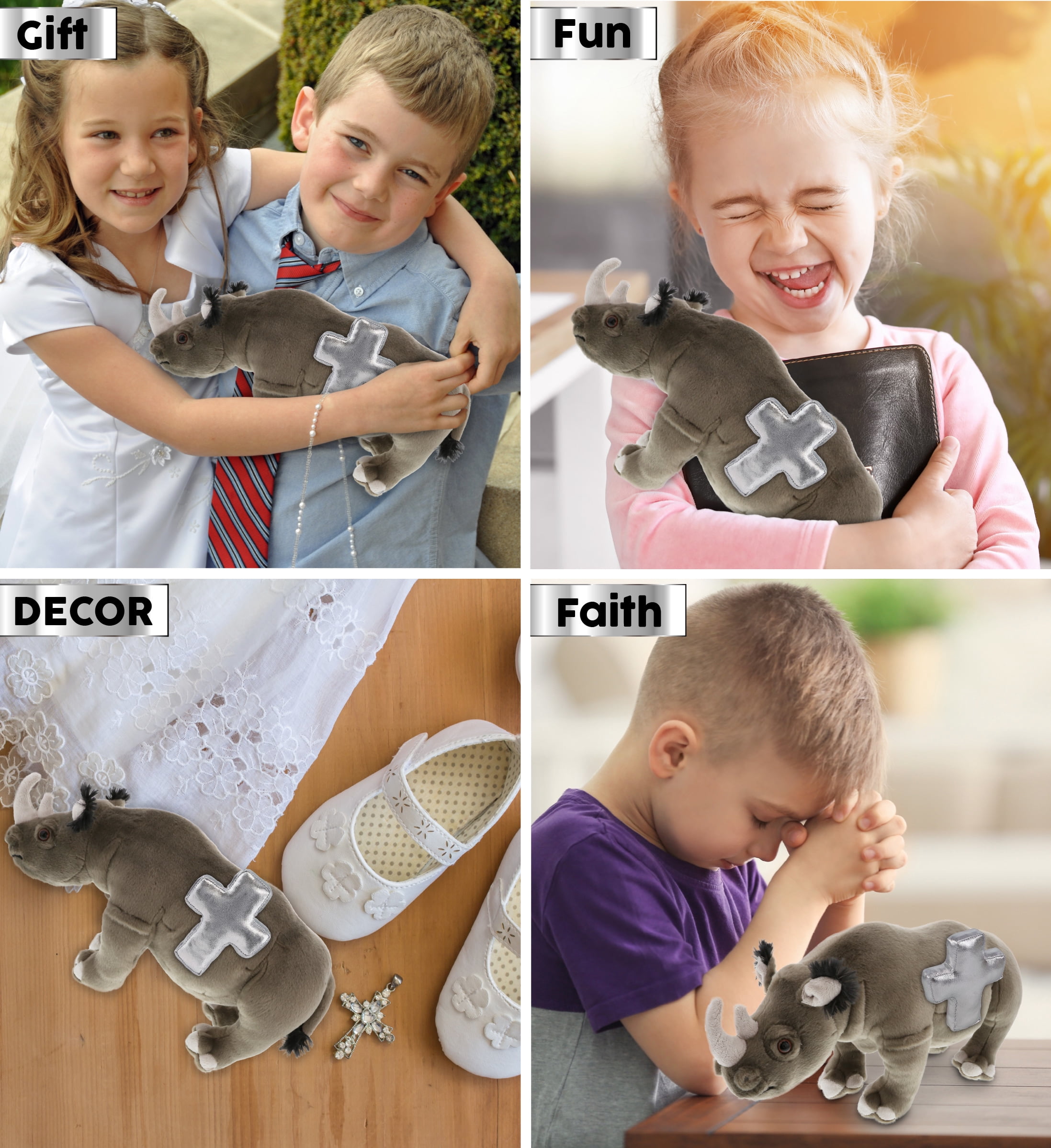 DolliBu Wild Collection Rhino Stuffed Animal with Silver Cross Plush- Religious Baby Baptism Gift for Boys and Girls, Dedication Christening Gifts Plush Prayer Toy Healing Teddy Bear - 13 Inches