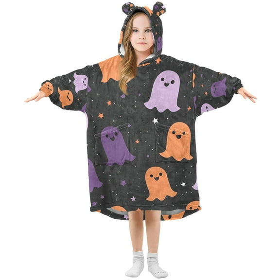 FORMRS Wearable Blanket Hoodie with Sleeves for Kids Cozy Flannel Sweatshirt, Halloween Orange Ghosts