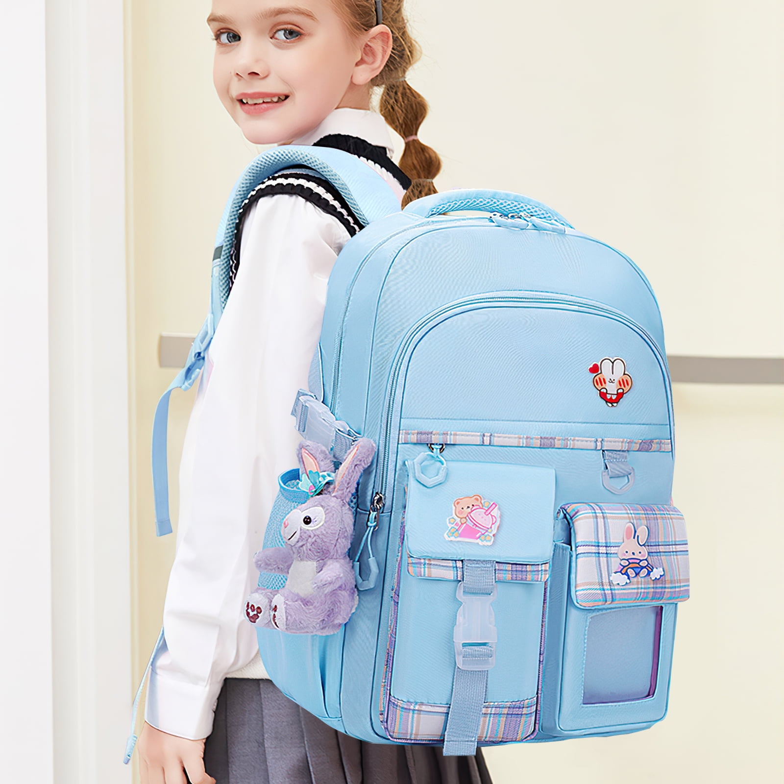 Kadyn Travel Backpacks, Cute Bookbag for Teen, Multifunctional School Durable Schoolbag with Lina Bell, 3 Decorative Cards and Lunch Bag, Blue