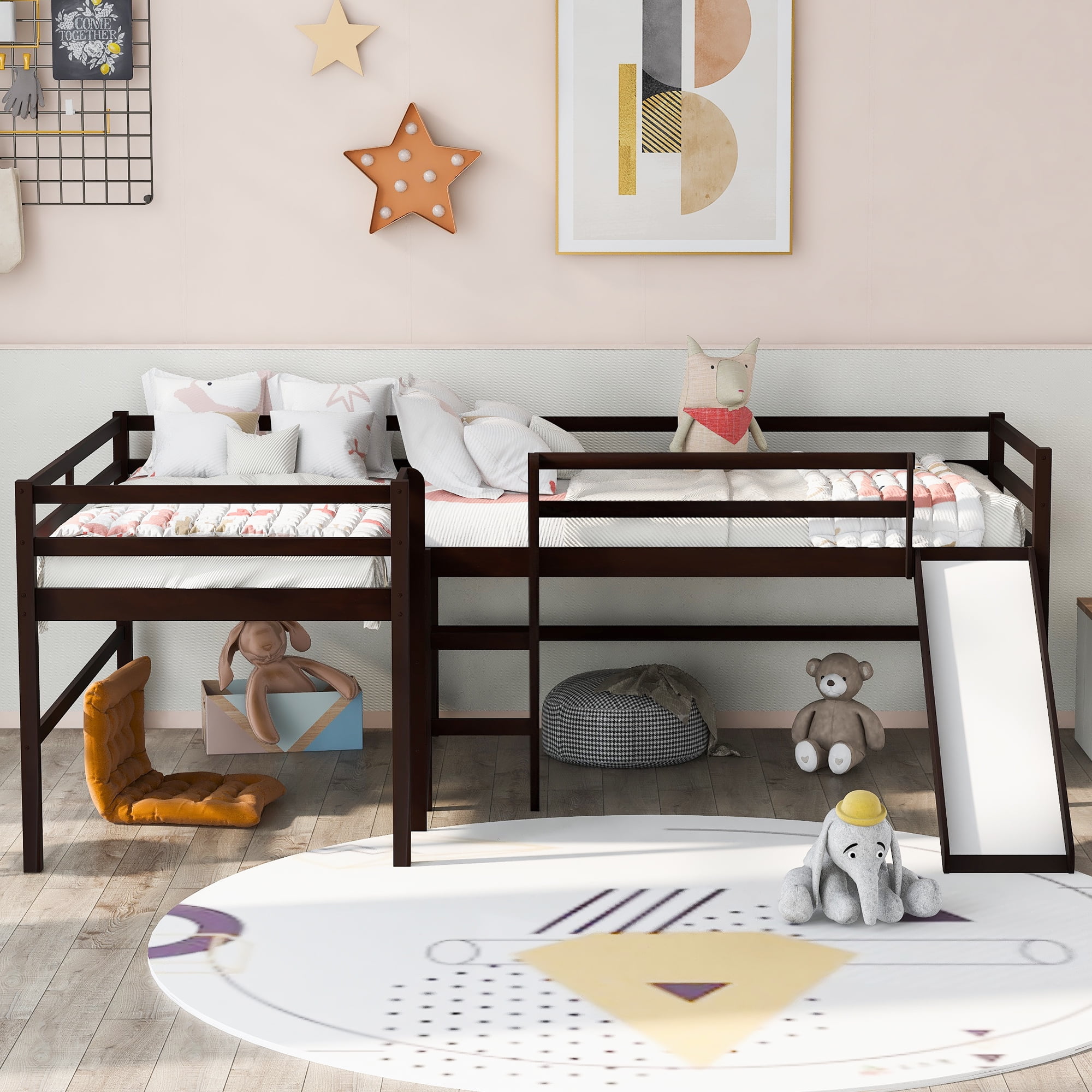 Twin LShaped Loft Bed with Builtin Ladders and Slide, Wood LShaped
