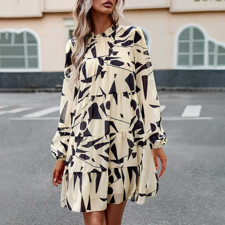 Mchoice Fall Dresses for Women 2024 Fashionable Casual Floral Printed Knee Length Skirts Round Neck Long Sleeved Midi Dress Walmart