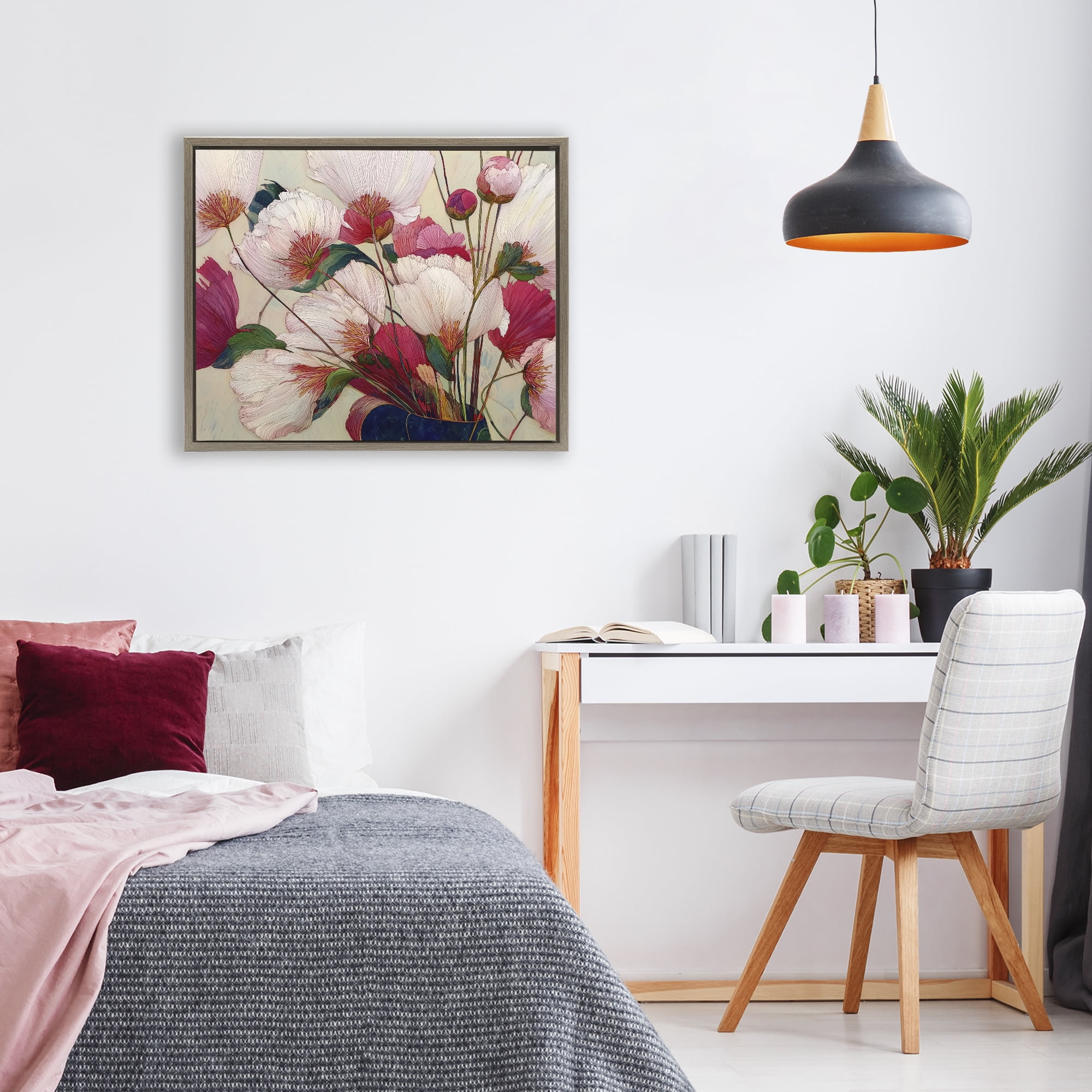 Lush Haiku Pink & White Flowers Brown Framed Floater Canvas Wall Art, design by Annabelle Hall