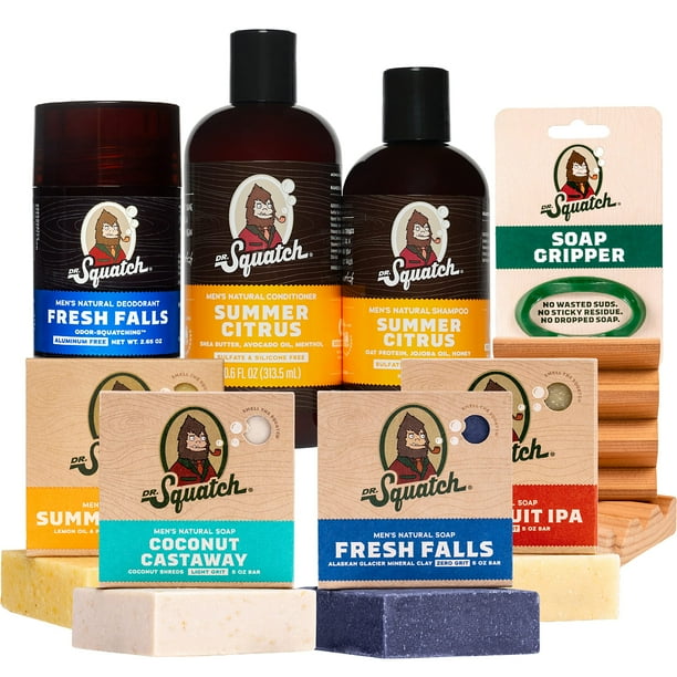 Jabón natural en barra Dr. Squatch para hombre, champú, acondicionador, desodorante y accesorios - Aromas a otoño fresco, cítricos de verano y coco - Un regalo ideal para el cuidado personal natural