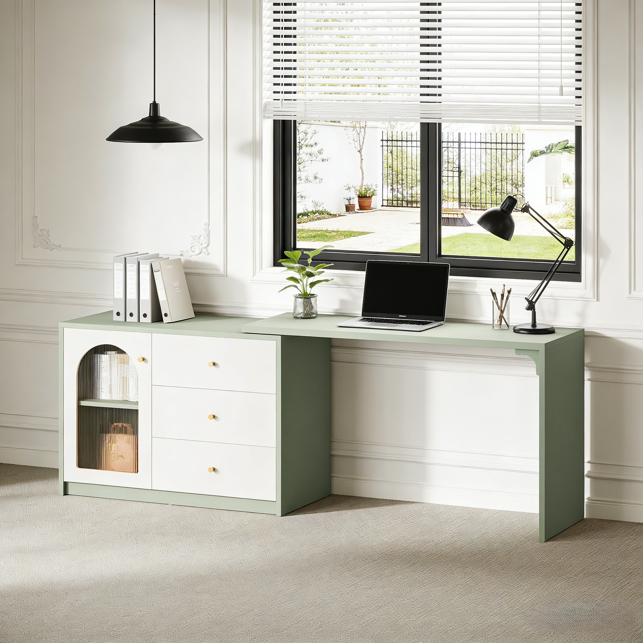 Fnova 48" Table for Nail Tech, Modern Stretchable L-Shaped Nail Corner Desk Station with Cabinet and 2 Drawers, Beauty Salon Workstation Decor with Storage Shelves, White Green