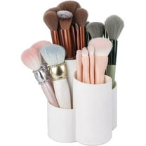 Makeup Brush Holder Organizer for Vanity, Plastic Round Cosmetics Brushes Storage with 4 Compartment for Lipsticks, Hair Accessories, Beauty Tool in Bathroom, Dresser, Pencil Cup (White)