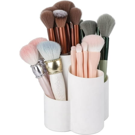 Makeup Brush Holder Organizer for Vanity, Plastic Round Cosmetics Brushes Storage with 4 Compartment for Lipsticks, Hair Accessories, Beauty Tool in Bathroom, Dresser, Pencil Cup (White)