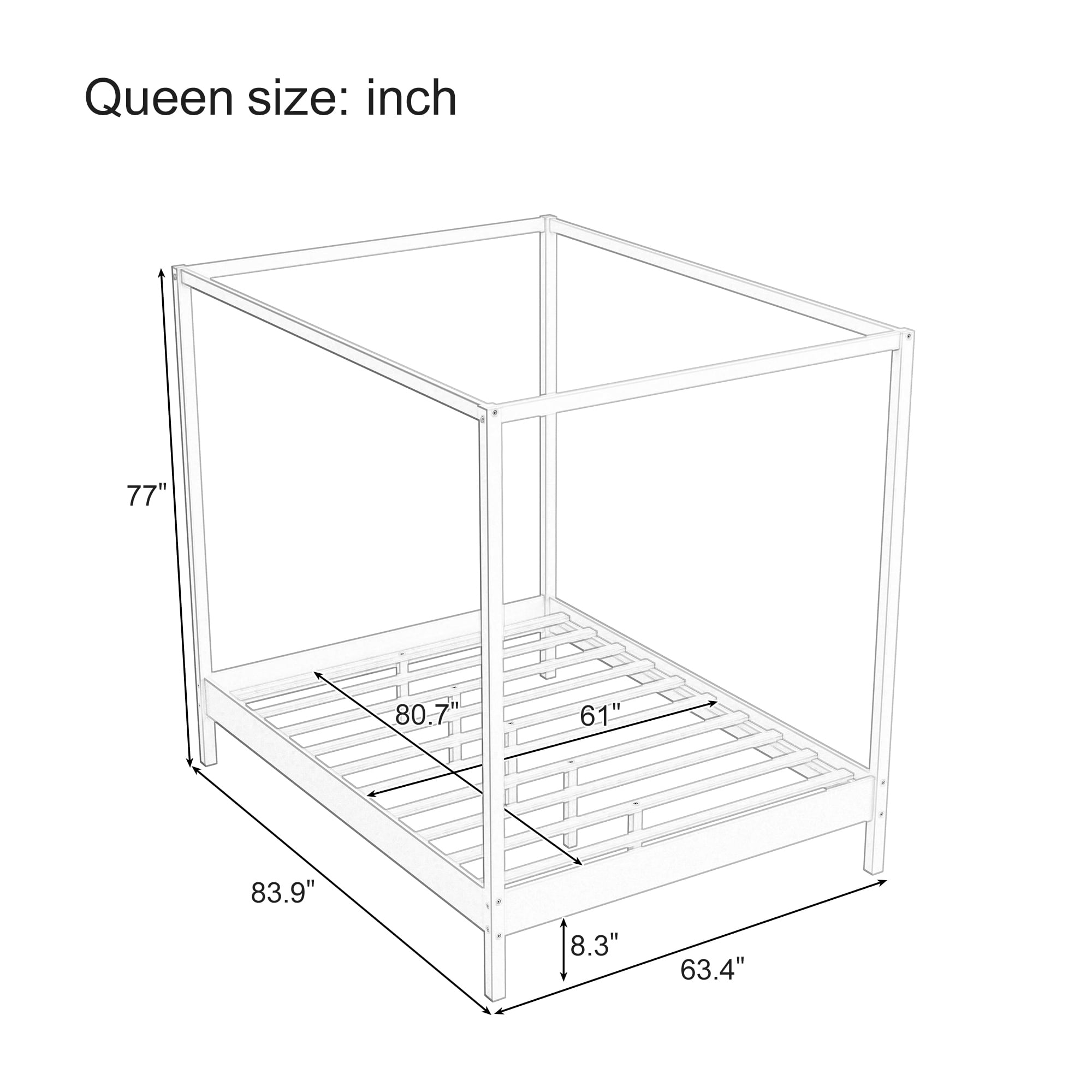Euroco Queen Size Canopy Bed, Wood Platform Bed with Four Poster, Natural