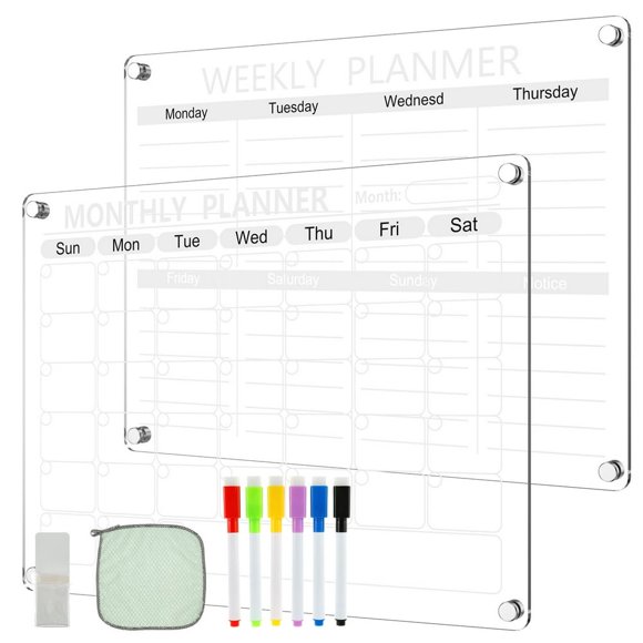 Calendrier Magnétique Acrylique Transparent Planificateur Vierge Effaçable à Sec avec 6 Marqueurs Planificateur Mensuel/hebdomadaire 40 x 30 x 0,3 cm