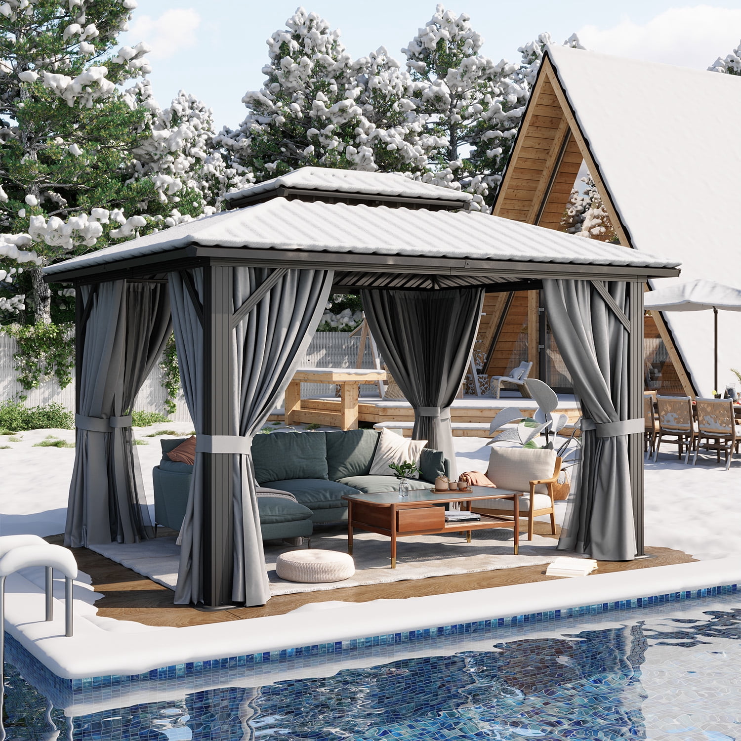 BaPiPro 12x10 FT Permanent Outdoor Gazebo – Aluminum Frame with Double Roof, Includes Curtains & Netting, Ideal for Patio, Lawn, and Garden,Gray