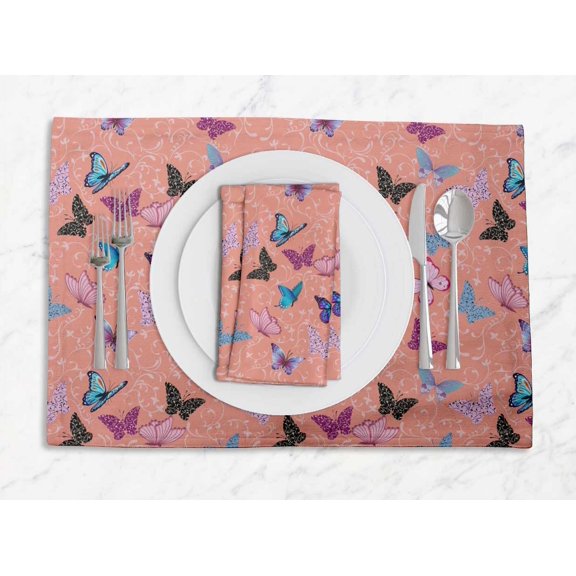 S4Sassy Orange Artistic Butterfly Everyday Washable Placemats With Napkins Dining Table Decor