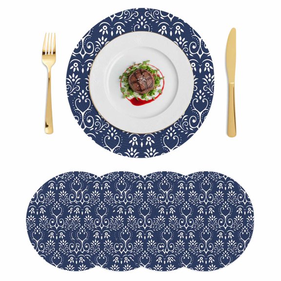 Navy Blue Spring Floral Round 13 Inch Placemats Set of 4, Modern Abstract Art Farmhouse HeatResistant Non Slip Place Mats for Dining Table, Wipeable Braided Kitchen Table Mats for Housewarming