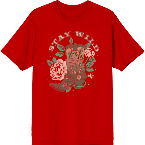 Stay Wild Cowboy Boot and Roses Adult Short Sleeve Tee-Small-Red