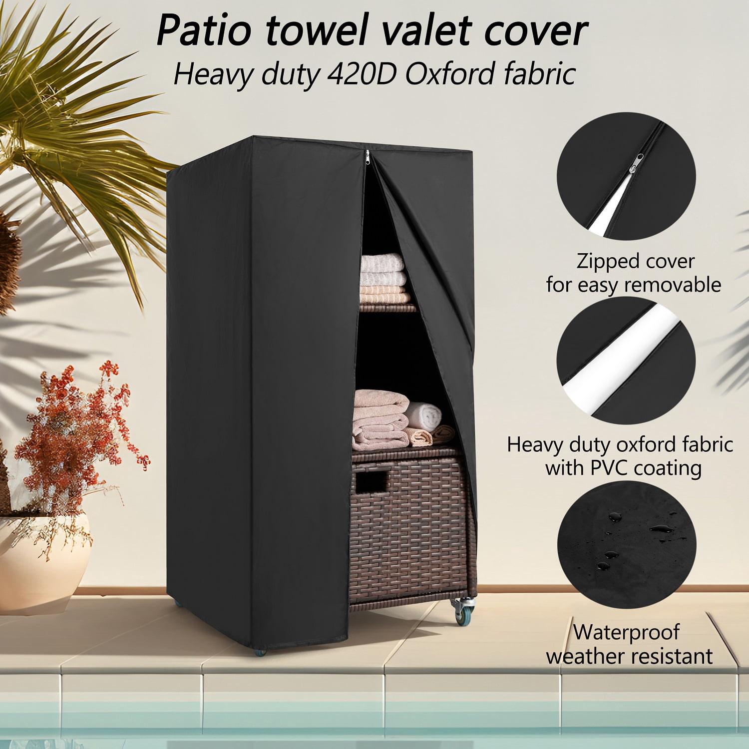 Outdoor Pool Towel Storage Cabinet Organizer Pool Towel Valet Rack with Storage Shelves & Drawer Patio Wicker Pool Towel Holder with Rolling Wheels Poolside Towel Caddy w/Cover for Hot Tub Spa Brown