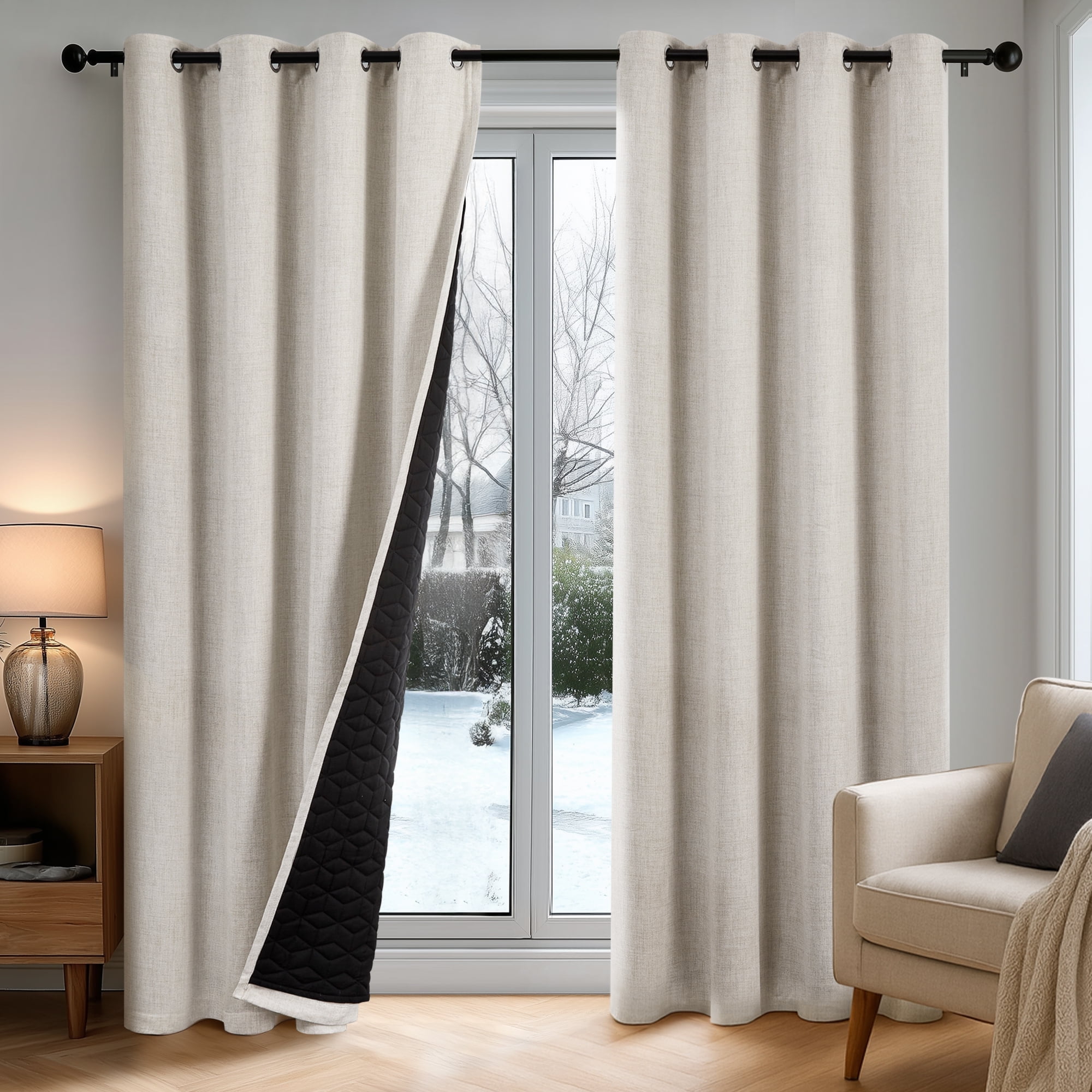 ZOPZO 100% Blackout Curtain Classic Natural Linen, Noise Reducing, 52W x 84L Inch, Double Brushed Fabric Geometric Embroidery, Set of 2