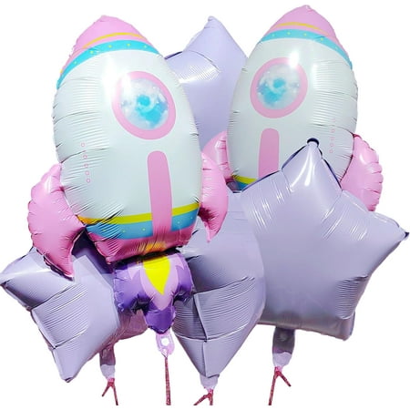 TiAaihion 6-Pack 25" PriNst Rocket Ship 18" Star Foil Balloons - Self-Sealing Mylar Space Party Decorations for Kids' Birthday, Baby Shower Galaxy Theme Events | Easy Helium Inflatable Reusable