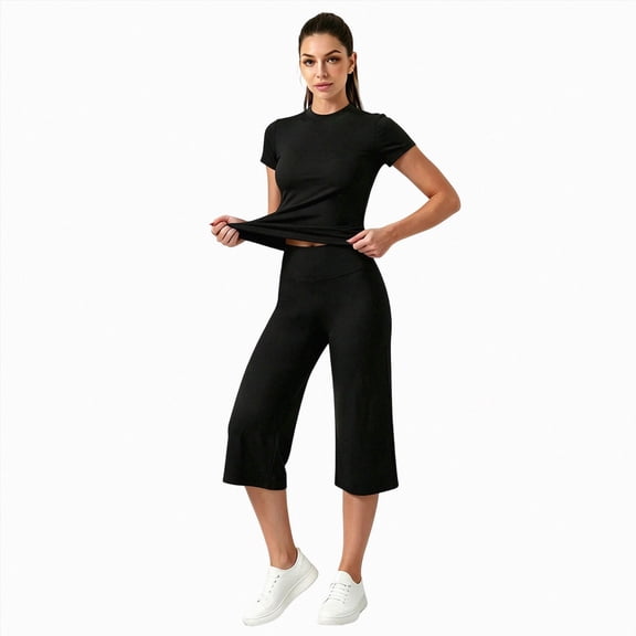 KPOPLK Womens 2 Piece Workout for Summer Fall Athletic Gym Pilates Yoga Slim Fit Short Sleeve Tee Shirt and Pant Outfit Set Black,Size L