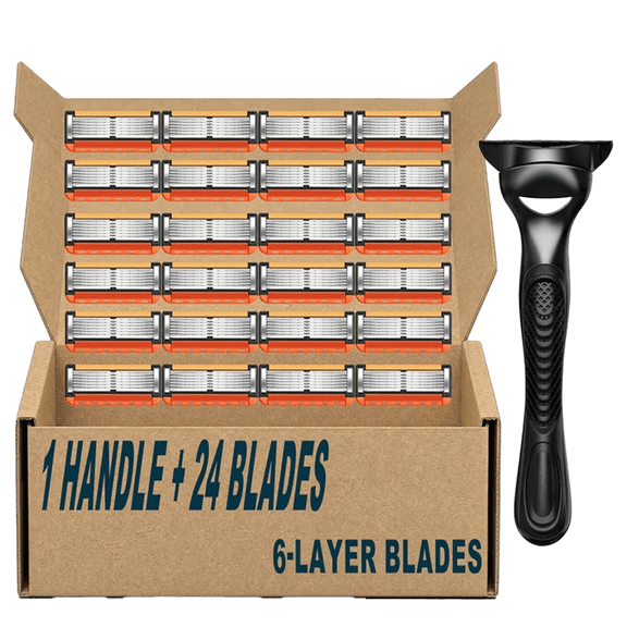 Men's 6-Blade Shaving Razor with 24 Refill Cartridges, Ember Orange