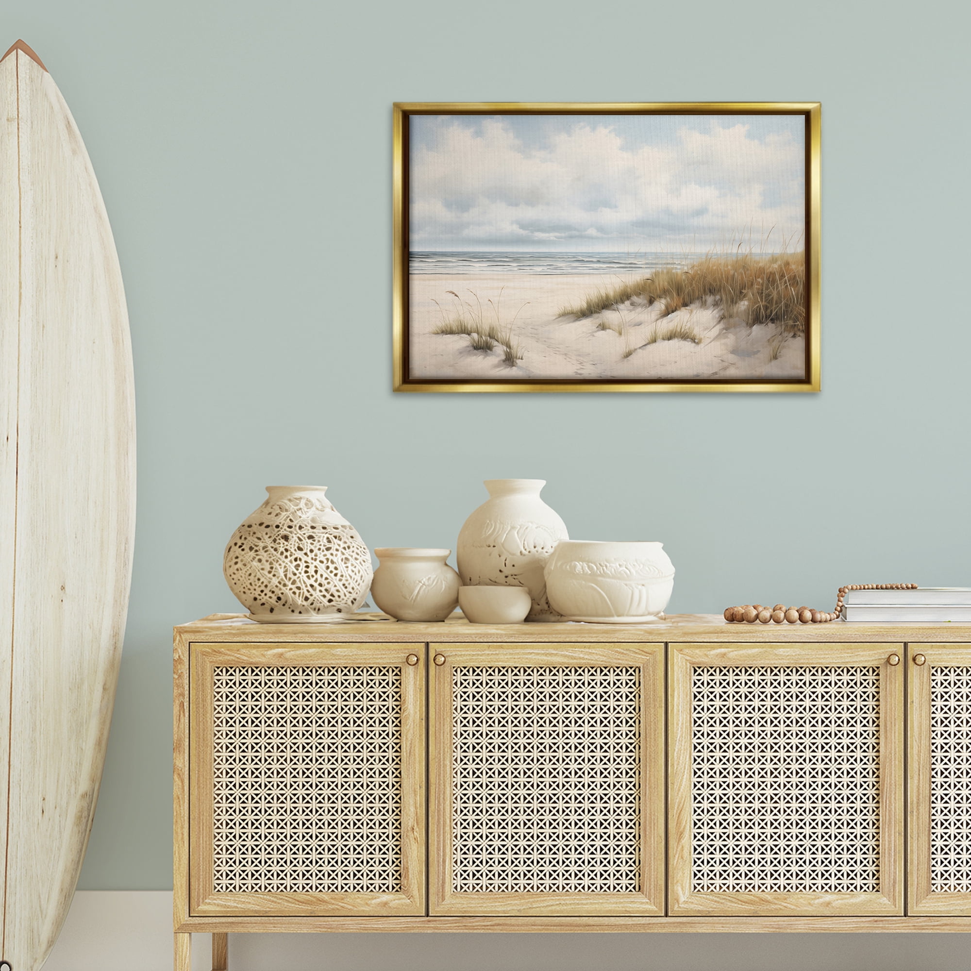 Stupell Industries Seascape with Soft Grasses Landscape & Nature Painting Gold Floater Framed Canvas Art Print Wall Art, 31 x 21