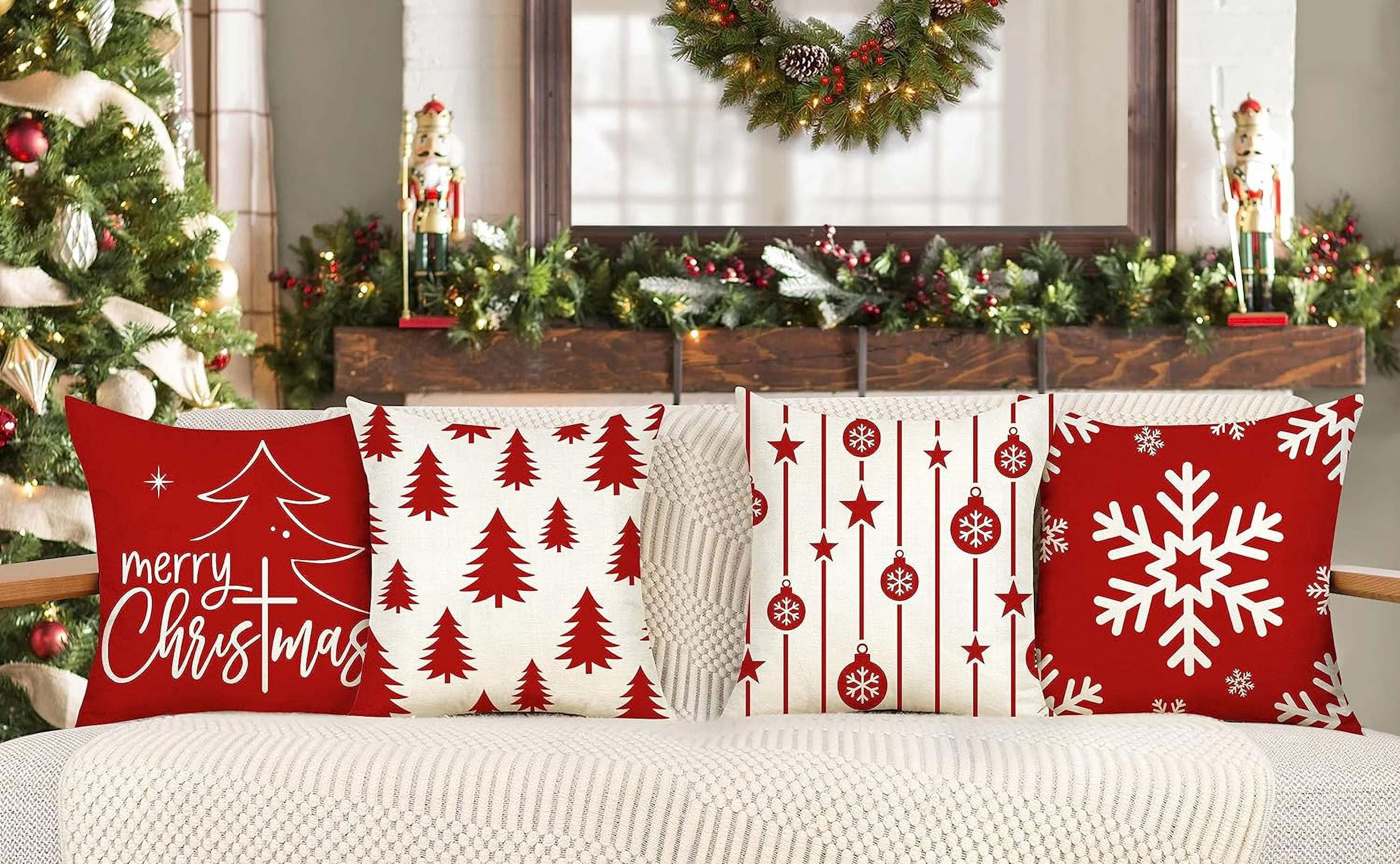 Red Christmas Pillow Covers 18x18 Set of 4 Farmhouse Christmas Decorations Merry Christmas Tree Snowflake Winter Holiday Decor Throw Cushion Case for Home Couch S23C01